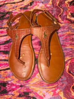 Ralph Lauren Brown Croc-Embossed Leather Thong Sandals
